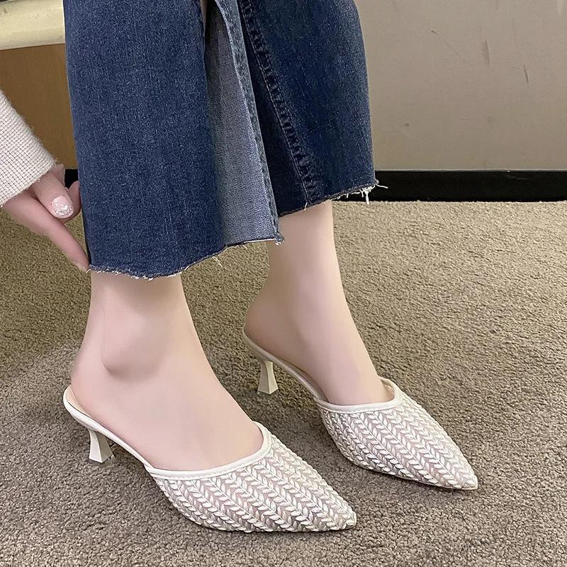 Minimalist Fashion Slippers 2024 Summer New Women's Slim Heel One Line Ladies Fashion High Heel Slippers Women Shoes