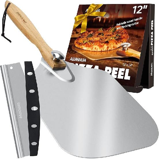 Pizza Peel Aluminum Pizza Spatula, Mooues 12 inch Metal Pizza Paddle(12 x 14 )with Rocker Cutter Foldable Wood Handle, [Storage bag included], for Pizza Peel 12 x 14  with