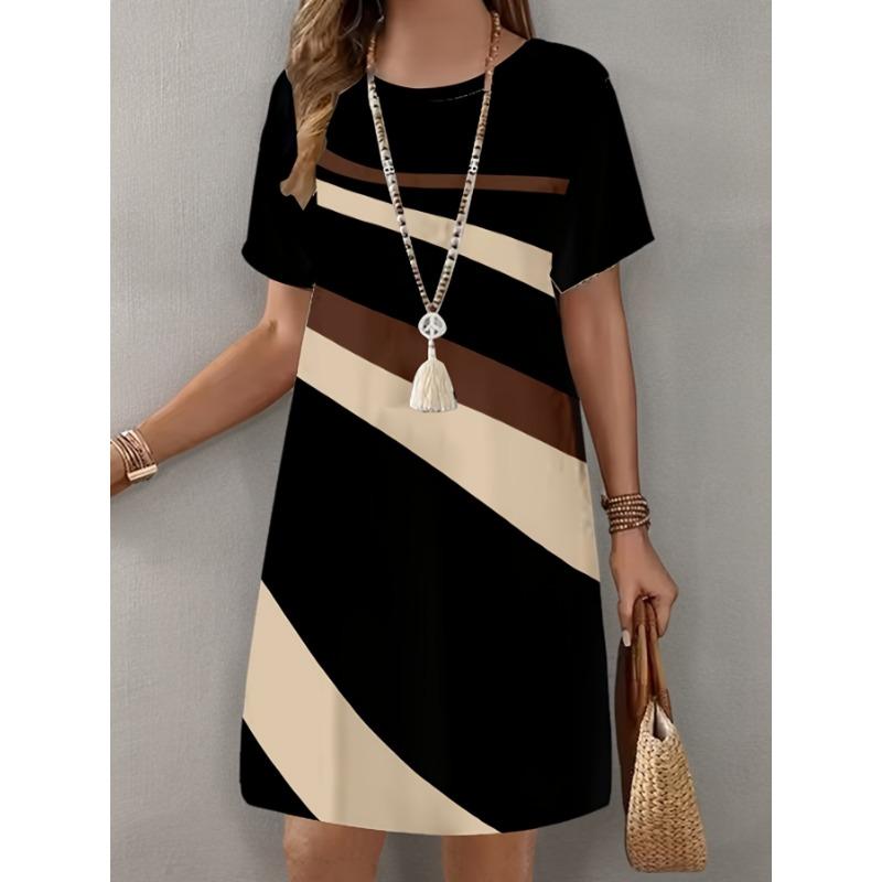 

Short Sleeve Fashion Striped Pattern Women s Mini Dress Round Neck 3D Print Street Trend Loose Dress XL