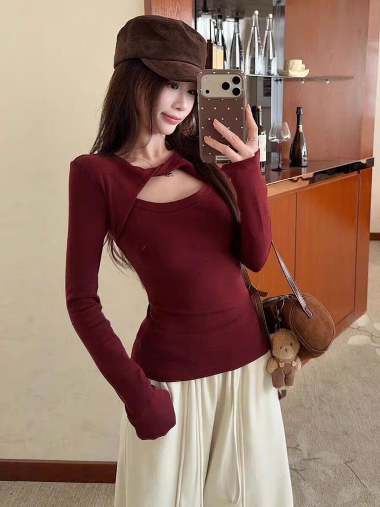 Pure desire sexy hottie hollow kink long-sleeved T-shirt women's autumn and winter design sense slim and thin bottom top