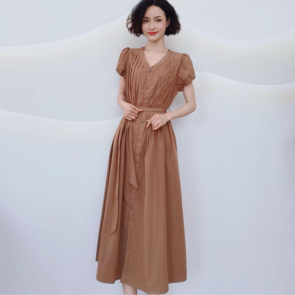 Elegant Pleated Waist-Cinched Solid Summer Dress