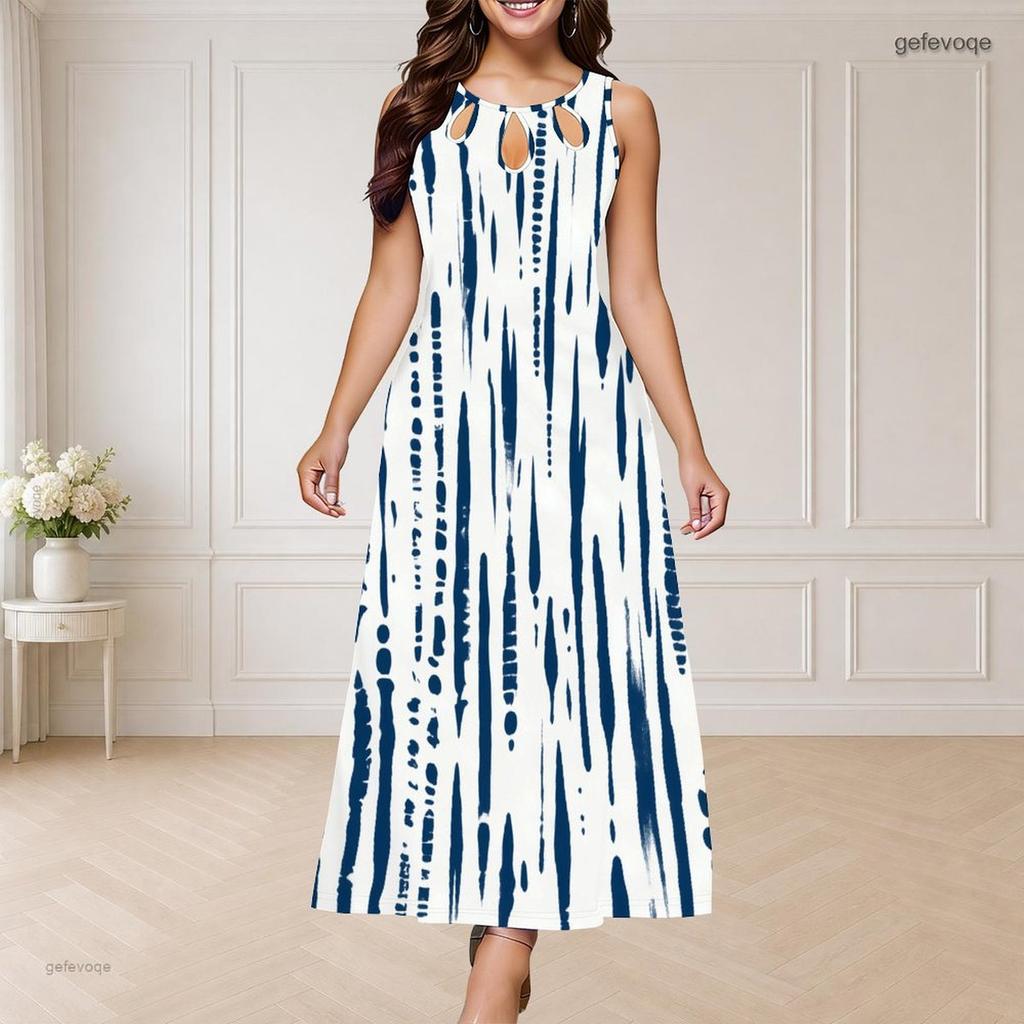 Women Plus Size Sleeveless Round Neck Triple Keyhole Cutout Printed White Navy Blue Long Dress