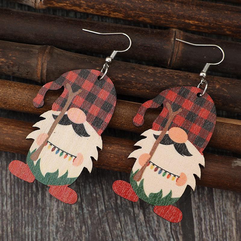 Festive Santa Plaid Hat Retro Wooden Earrings