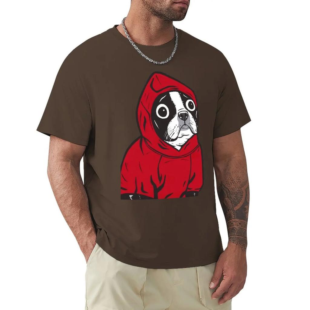 Funny Boston Terrier In A Red Hoodie French Bulldog T-Shirt Men O Neck Pure Cotton T Shirts Funny Dogs Tees Clothing