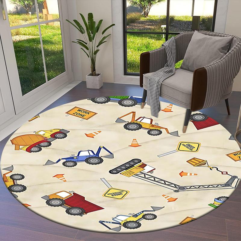 1PC Construction Trucks Non-Slip Floor Round carpet, Office, family, bedroom, Large Area Rug Indoor Rugs, Durable Polyester-Z0411
