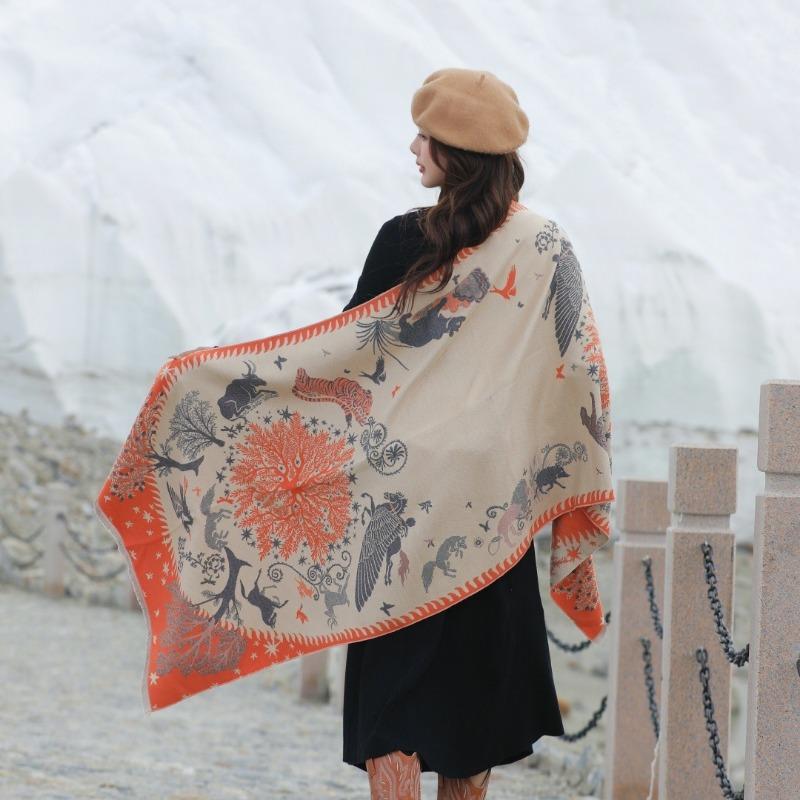 Gradual change flower imitation cashmere scarf women's high sense double-sided jacquard shawl retro scarf