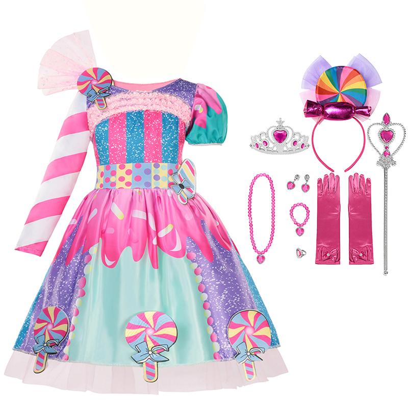 Girls Purim Festival Lollipop Costume Chidrens Puff Sleeve Candy Costume Kids Sweet Lollipop Print Birthday Party Dresses