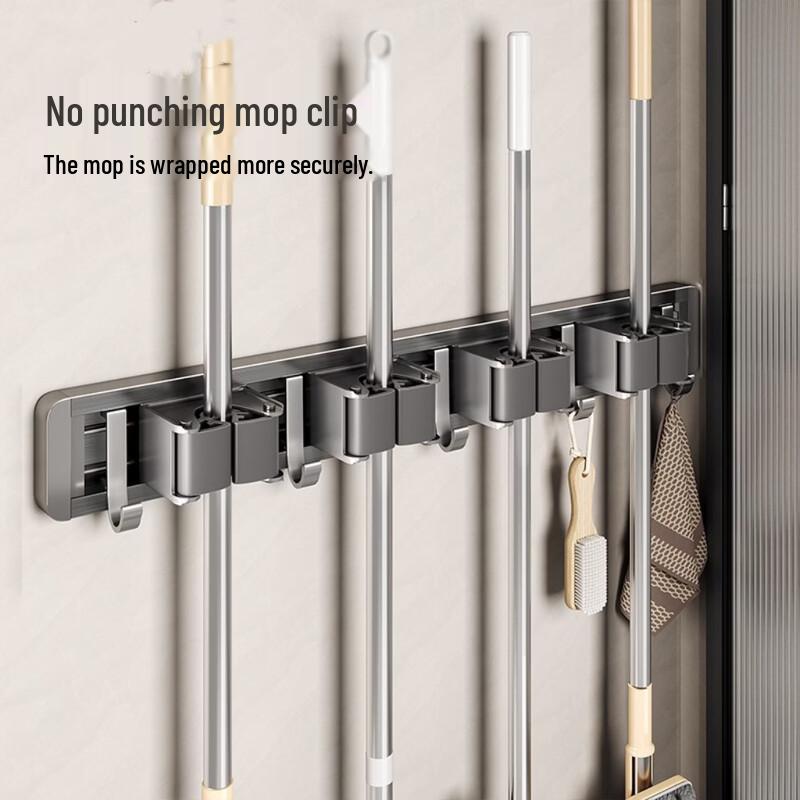 Wall-Mounted Mop and Broom Holder with Hooks