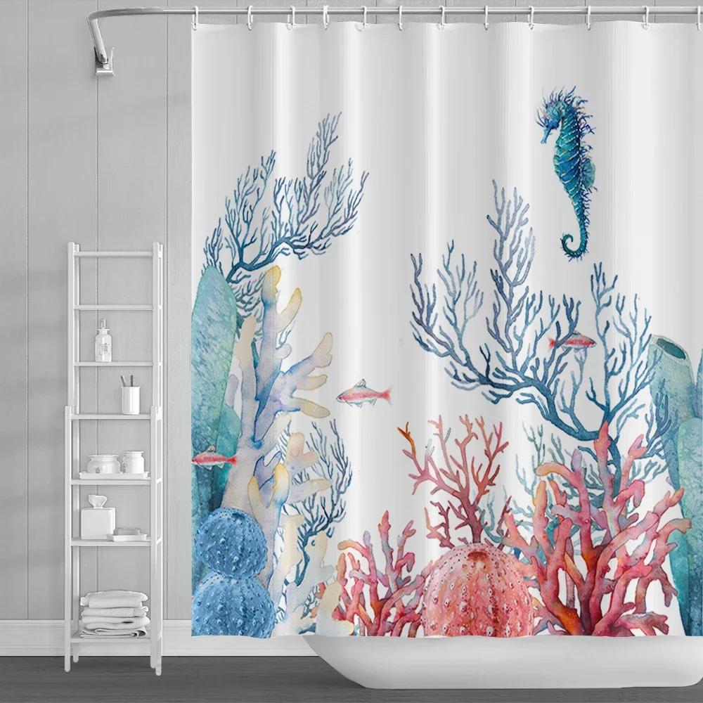 Fun Cartoon Sea Animal Shower Curtain, Sea Turtle Octopus Jellyfish Whale Crab Sea Life Landscape, Bathroom Shower Curtain Set