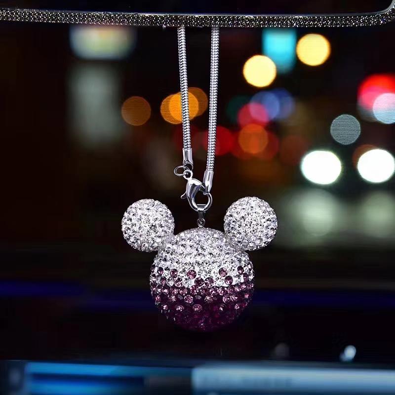 Rhinestone Crystal Ball Car Pendant Cute Cartoon Animal Bling Car Mirror Hanging Accessories Girls Women Car Interior Decoration