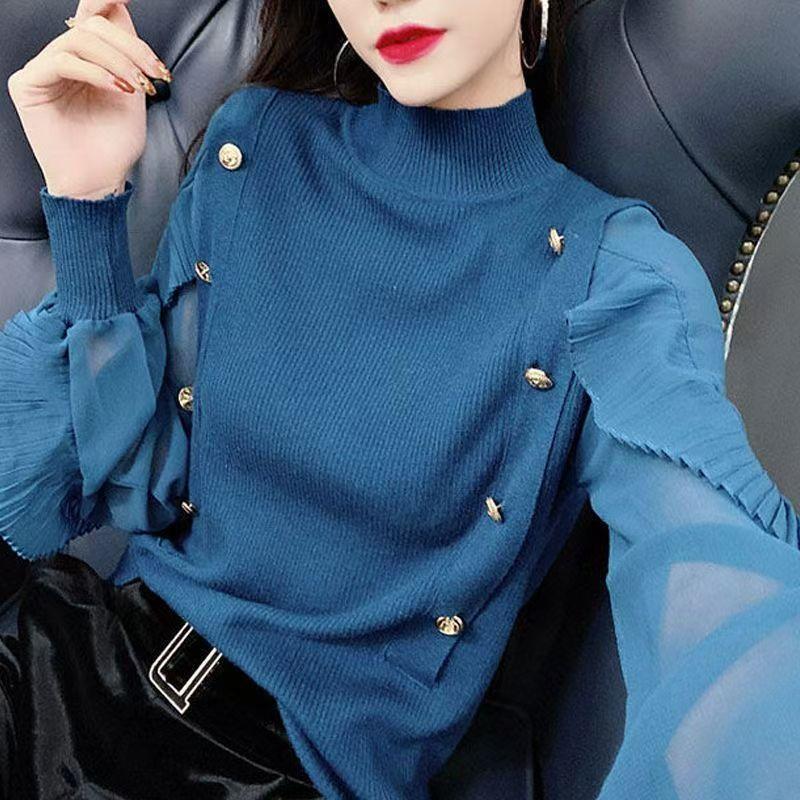 

Women s loose Spring and Autumn Long Sleeve Half-high neck sweater Slim Solid Color Top XL синий