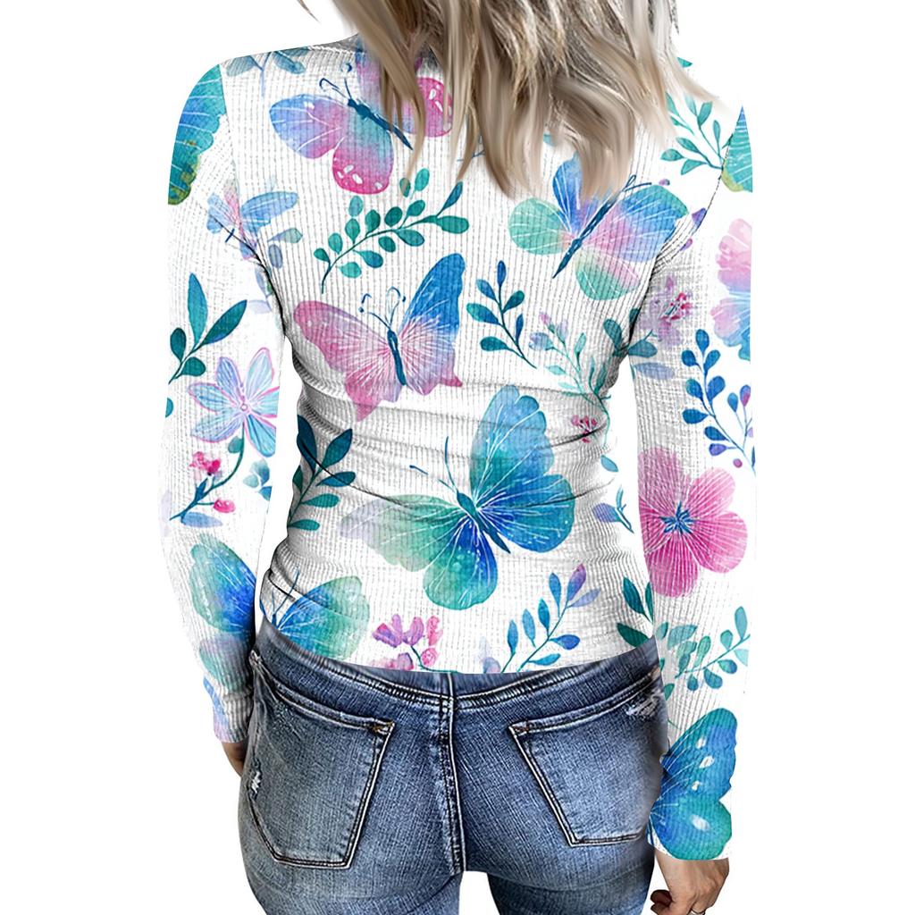 Women's Casual Ribbed Long Sleeve Top Floral Print Crew Neck Stretchy Slim Fit Lightweight Shirt for Everyday Wear