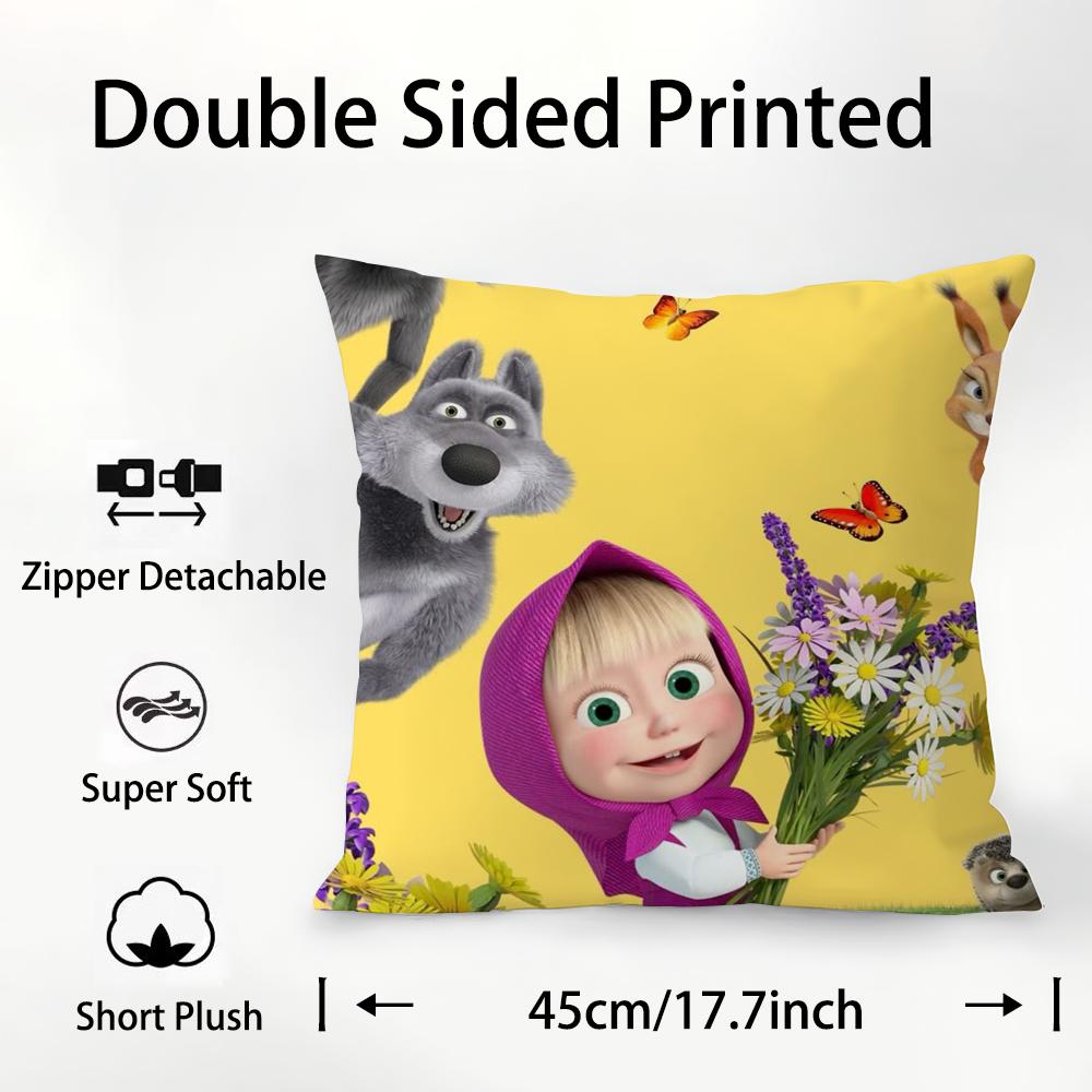 M-Masha And B-Bears Pillow Case Plush Fabric Soft Double Sided Print Sofa Cushion Cover Throw Pillow Covers