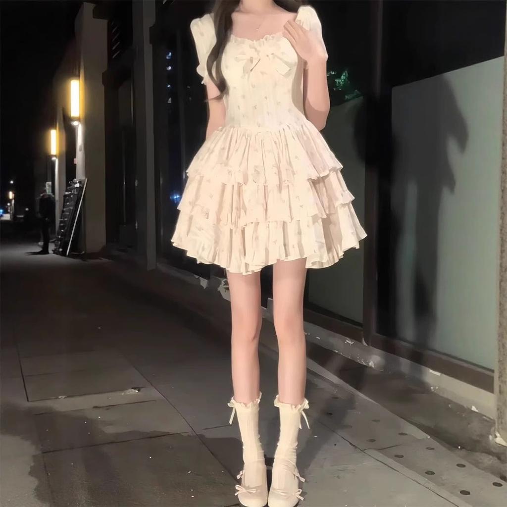Ballet style small floral dress women's summer high sense gentle waist small flying sleeves fluffy cake skirt