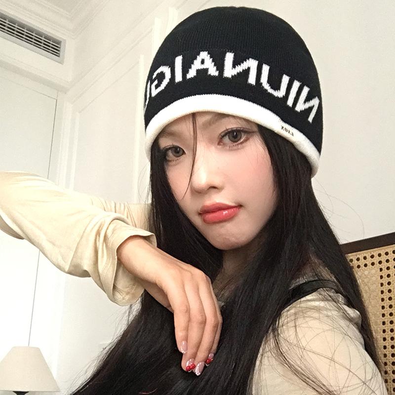 Letter White Knitted Wool Hat Women's Autumn and Winter Versatile Big Head Circumference Bag Head Cold Hat Showing Face Small Pile Hat