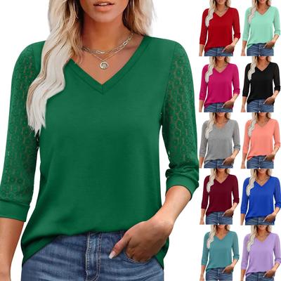 Women's Seven Quarter Sleeved V-Neck Color Lace Patchwork Casual Top Casual Top