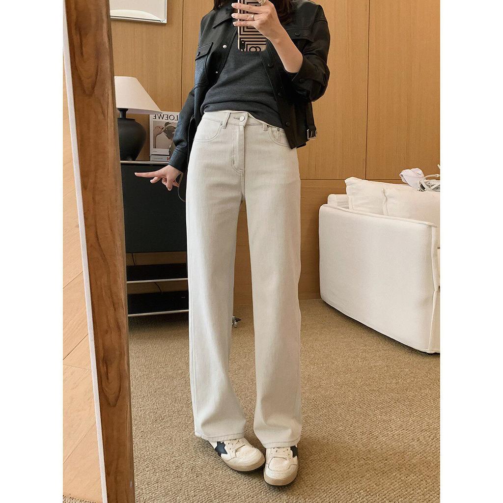Women's High Rise Wide Leg Jeans Loose Fit Korean Casual Stretch Straight Leg Denim Pants Spring Daily Trousers Two Length Version