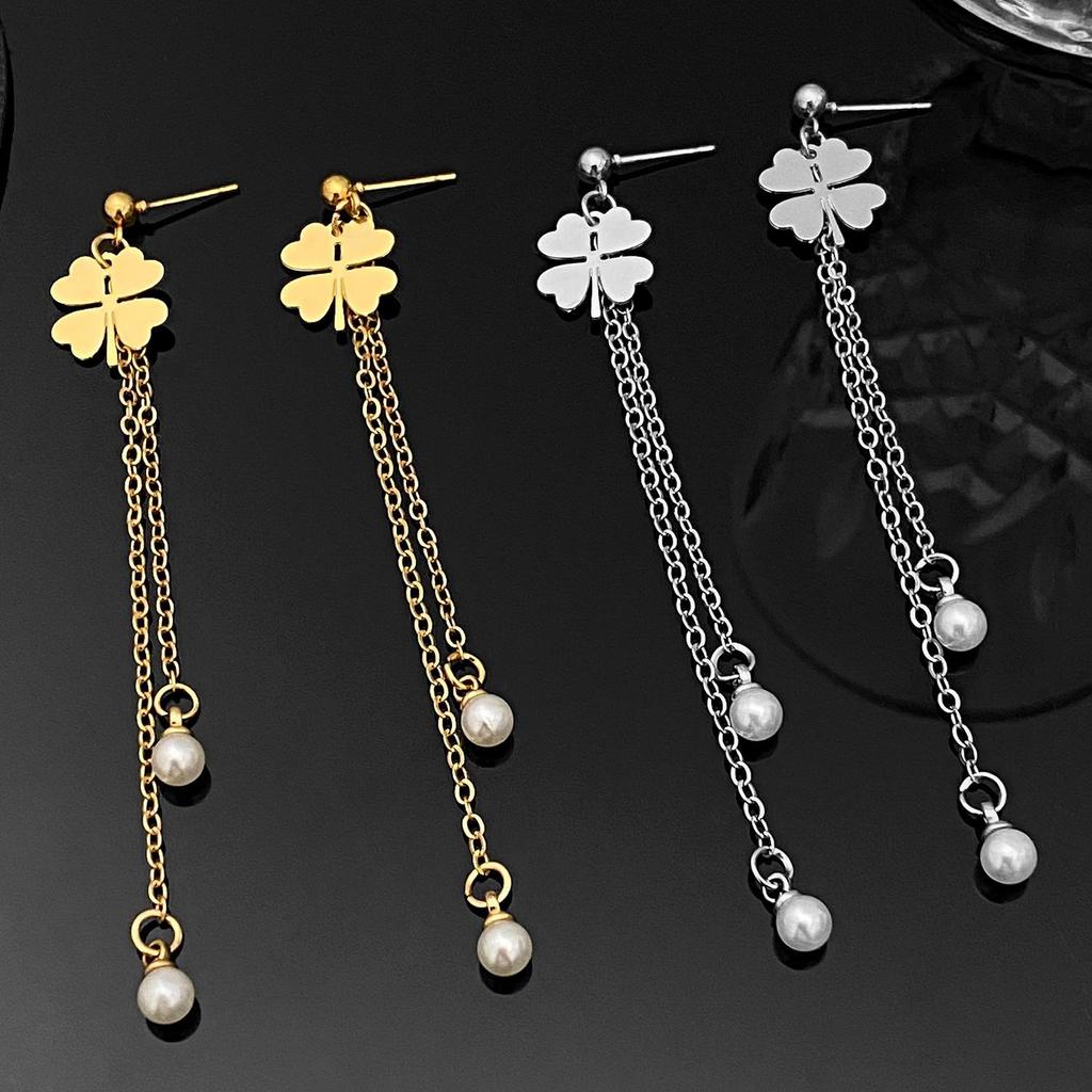 Fashion Fresh Versatile Design Lucky Grass Imitation Pearl Flower Long Tassel Earrings For Women