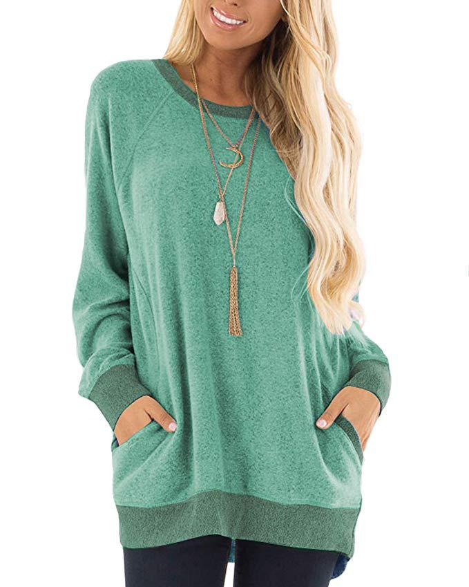 Sweatshirt à col rond bloc de couleur avec poche pour femme - Manches longues T-shirt décontracté
