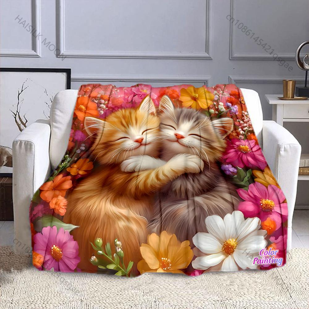 1PC Kittens Hugging Among Flowers Pattern Blanket Flannel Material Soft Warm for All Seasons Home Outdoor Camping Picnics RV