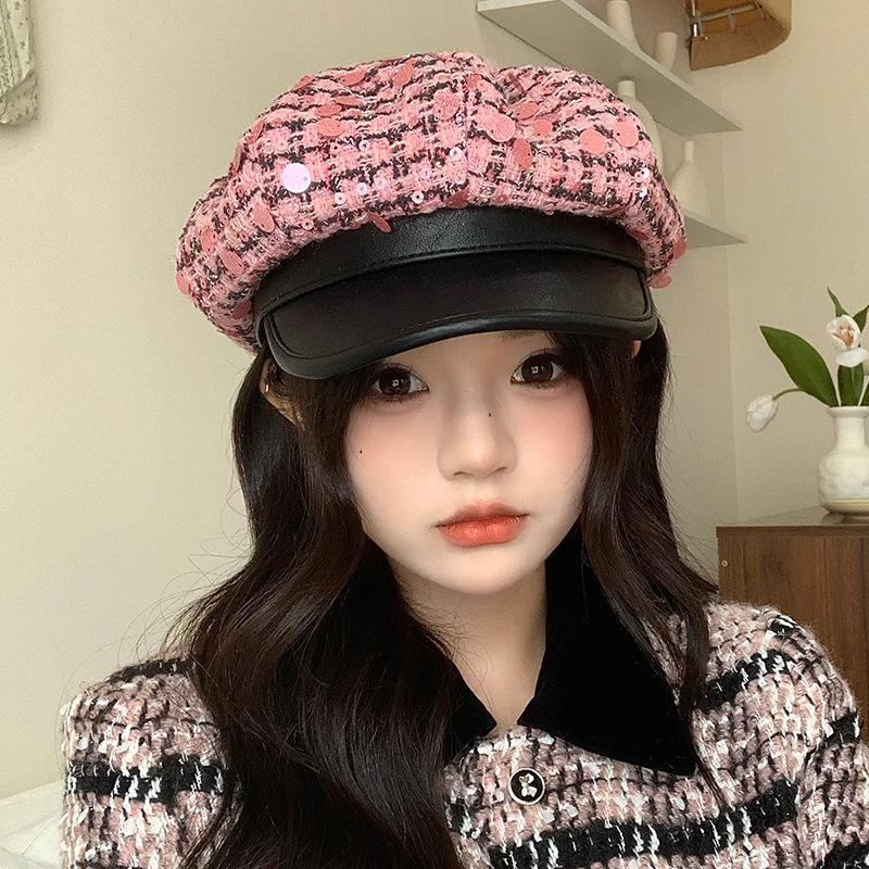 

Autumn hat women s sequined beret big head circumference showing face small painter hat high sense octagonal hat One Size