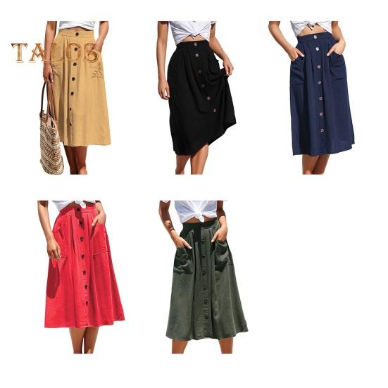 Damen-Midirock, elastisch, hoch tailliert, schlankmachender Stil, wadenlanger Rock mit Taschen, einfarbig, mit Knöpfen verziert, A-Linien-Rock