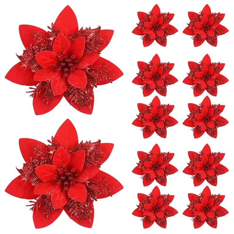 5/10 piezas Adornos de Flores de Navidad de 14,5 cm, Rosa, Rojo, Dorado, Flores Artificiales con Purpurina para Árbol de Navidad, Decoración Navideña para el Hogar