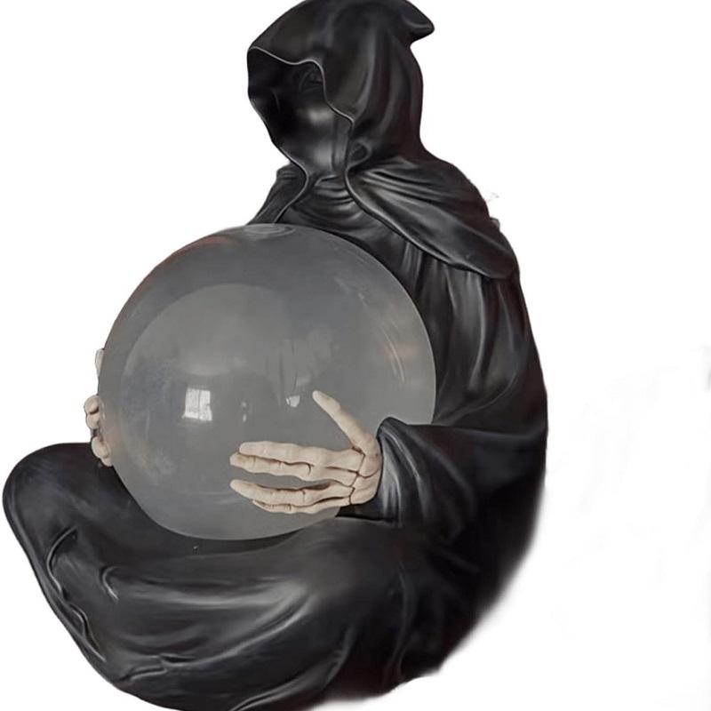 The Death God's Crystal Ball Sculpture Gothic Black Robe Death God Ornaments Resin Statue Crafts Halloween Home Decor