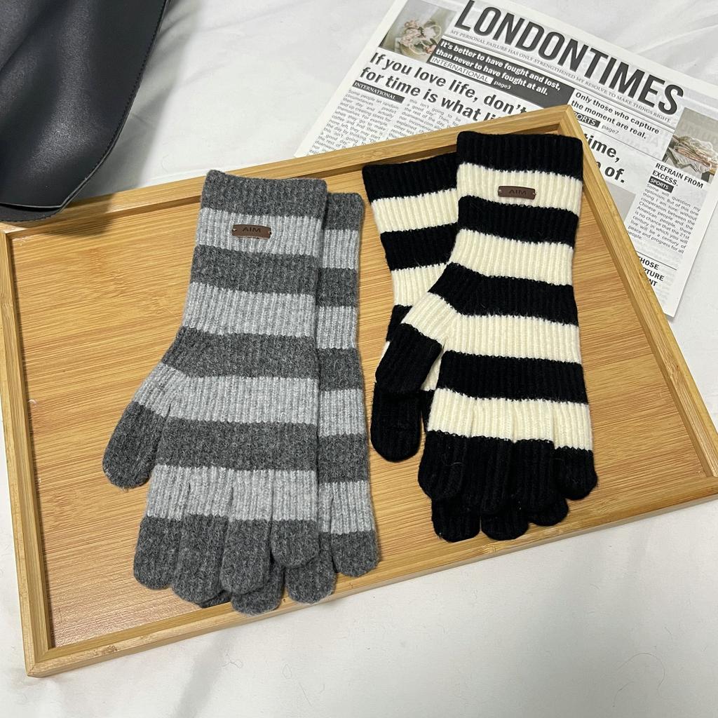Wool Vintage Striped Long Finger Gloves with Autumn and Winter New Warm Wrist Protection for Women