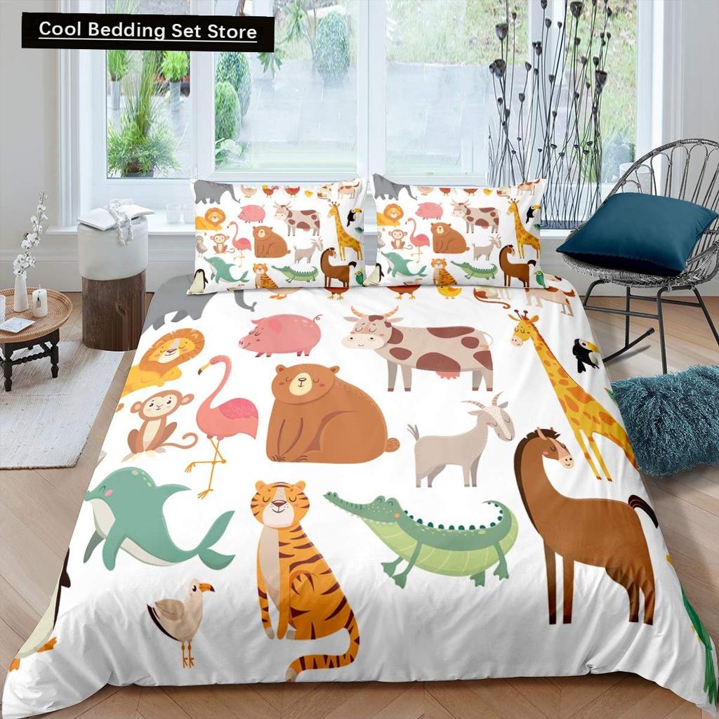 Bauernhof Tiere König Königin Bettbezug Cartoon Bauernhaus Kuh Schwein Ente Bettwäsche Set für Jungen Mädchen Schaf Grün Polyester Bettdeckenbezug