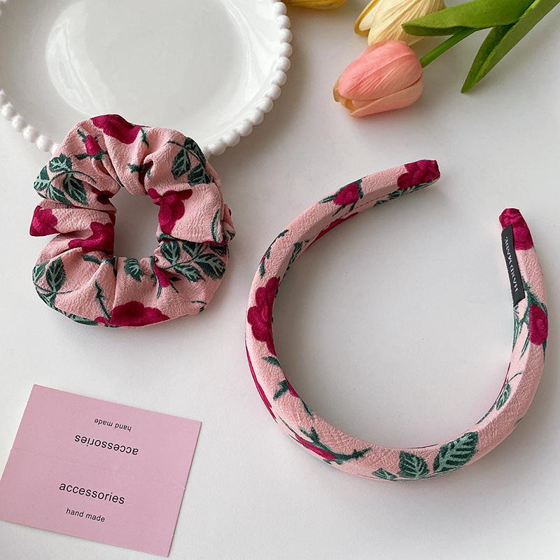 Retro French Pink Dried Rose Ruched Headband and Hair Tie Set