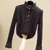 Women's Fleece-Lined Lace Top with Stand-Up Collar - Autumn/Winter Embroidered Mesh Long Sleeve Slim Fit Shirt