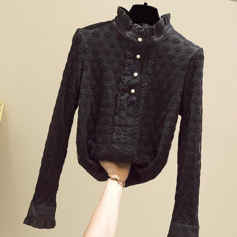 Women's Fleece-Lined Lace Top with Stand-Up Collar - Autumn/Winter Embroidered Mesh Long Sleeve Slim Fit Shirt