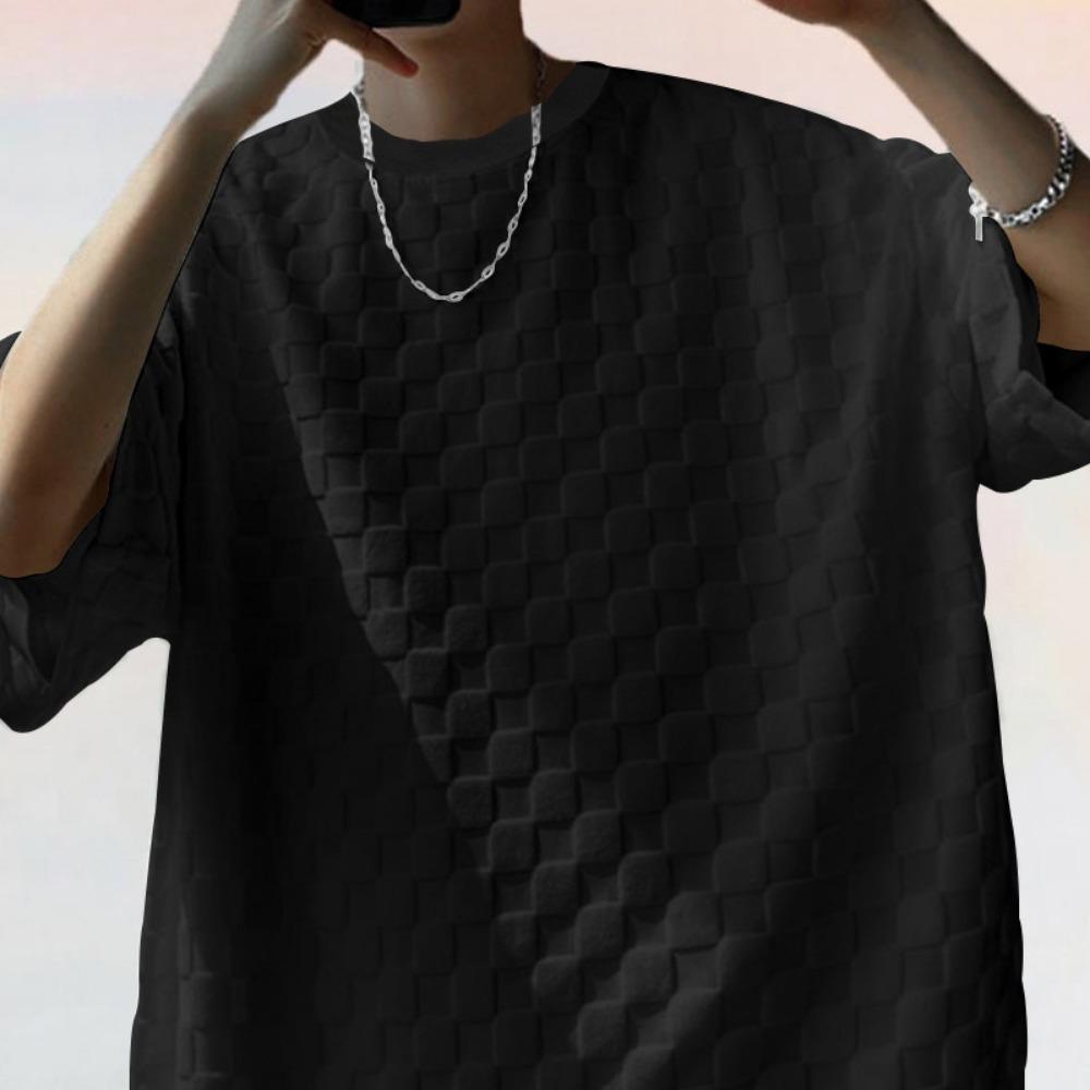 Men's Sports Suit Summer New Korean High Street Jacquard Plaid T-shirt Shorts Two-piece Set Male Casual Retro Loose O-neck Top