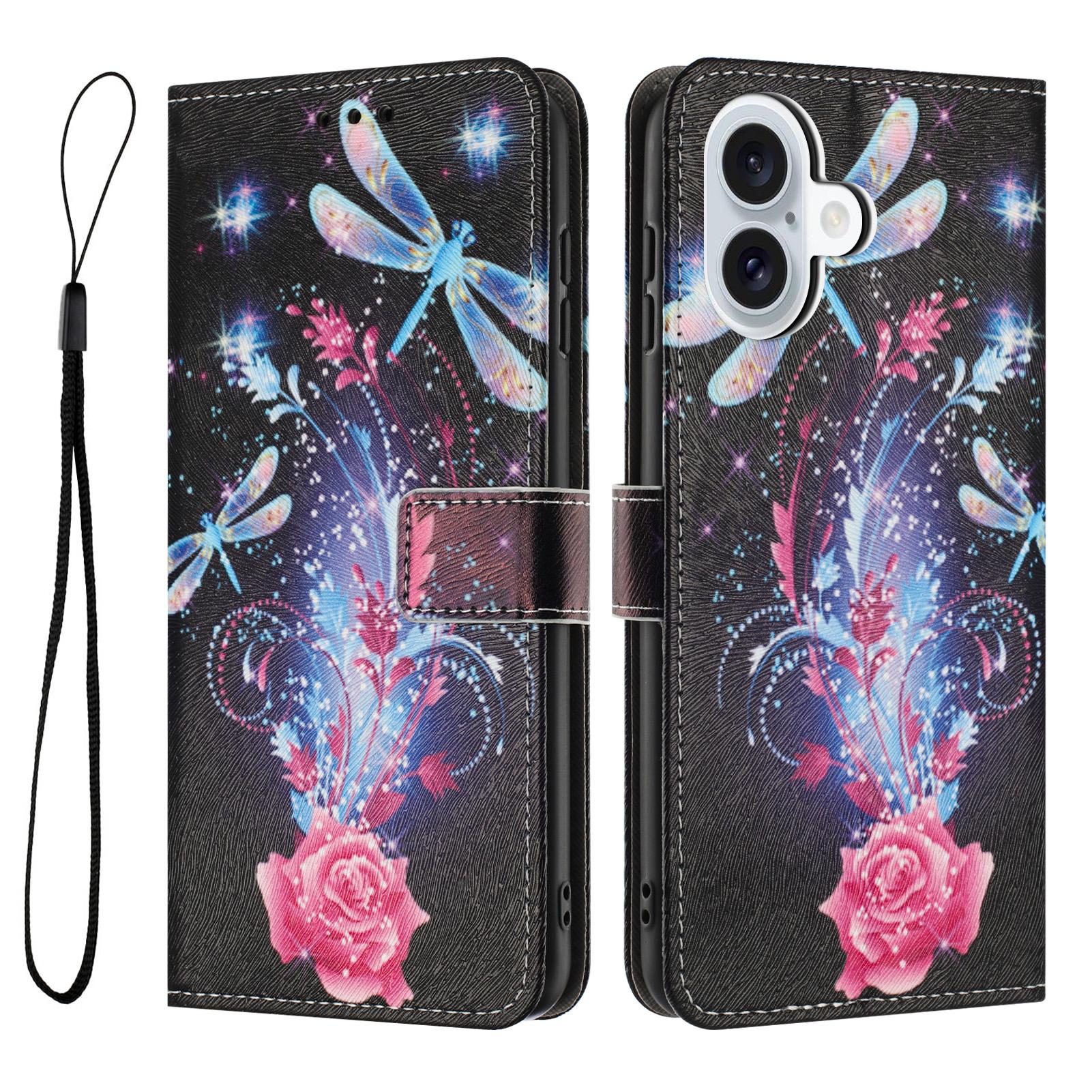 

YX-2501 For iPhone 16 Plus Stand Case Pattern Printing PU Leather Wallet Phone Cover with Lanyard Dragonfly