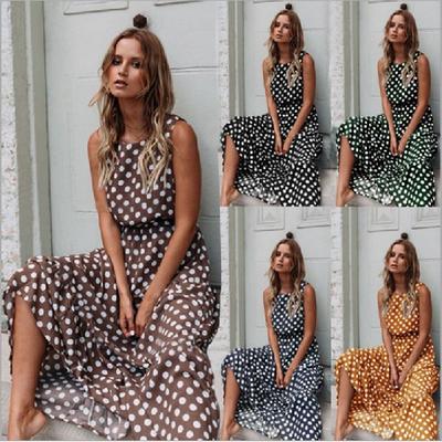 Damenmode Frühling Sommer Vielseitig Bedruckt Gepunktet Rundhals Langkleid