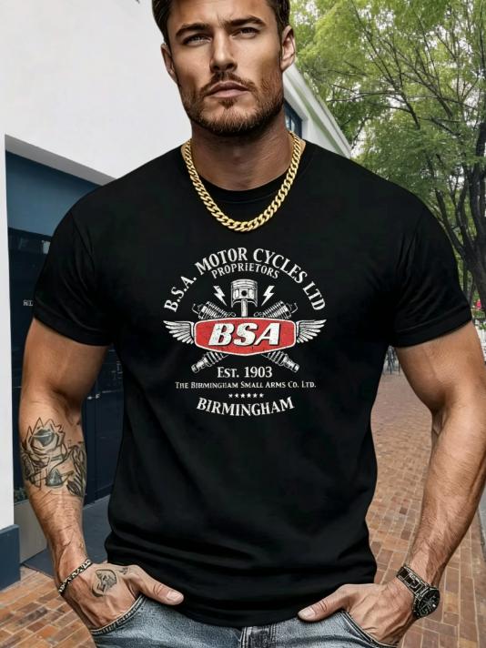 2026 Herren Kurzarm-T-Shirt, BSA Motorrad Retro Mechanisches Thema, Motorrad-Enthusiast Tägliches Tragen & Soziale Szene Oberteil Unisex, Geschenk, Oberteil