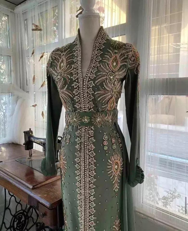 

Стильное длинное марокканское платье ручной работы Исламское Дубай Фараша Кафтан Платье Абая XS зелёный