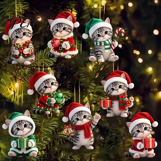 Flat Wood Ornament Cute Kitten Christmas for Tree Hanging, 2D Wooden Rustic Xmas Ornaments Decorative Pendant with Lanyard Home Holiday Party Supplies
