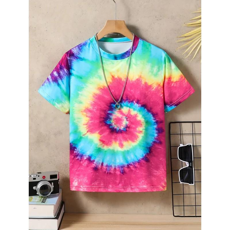 3D Tie-Dye Rainbow Print Kids' T-shirt Summer Fashion Casual Crew Neck Short-Sleeve Top for Boys & Girls