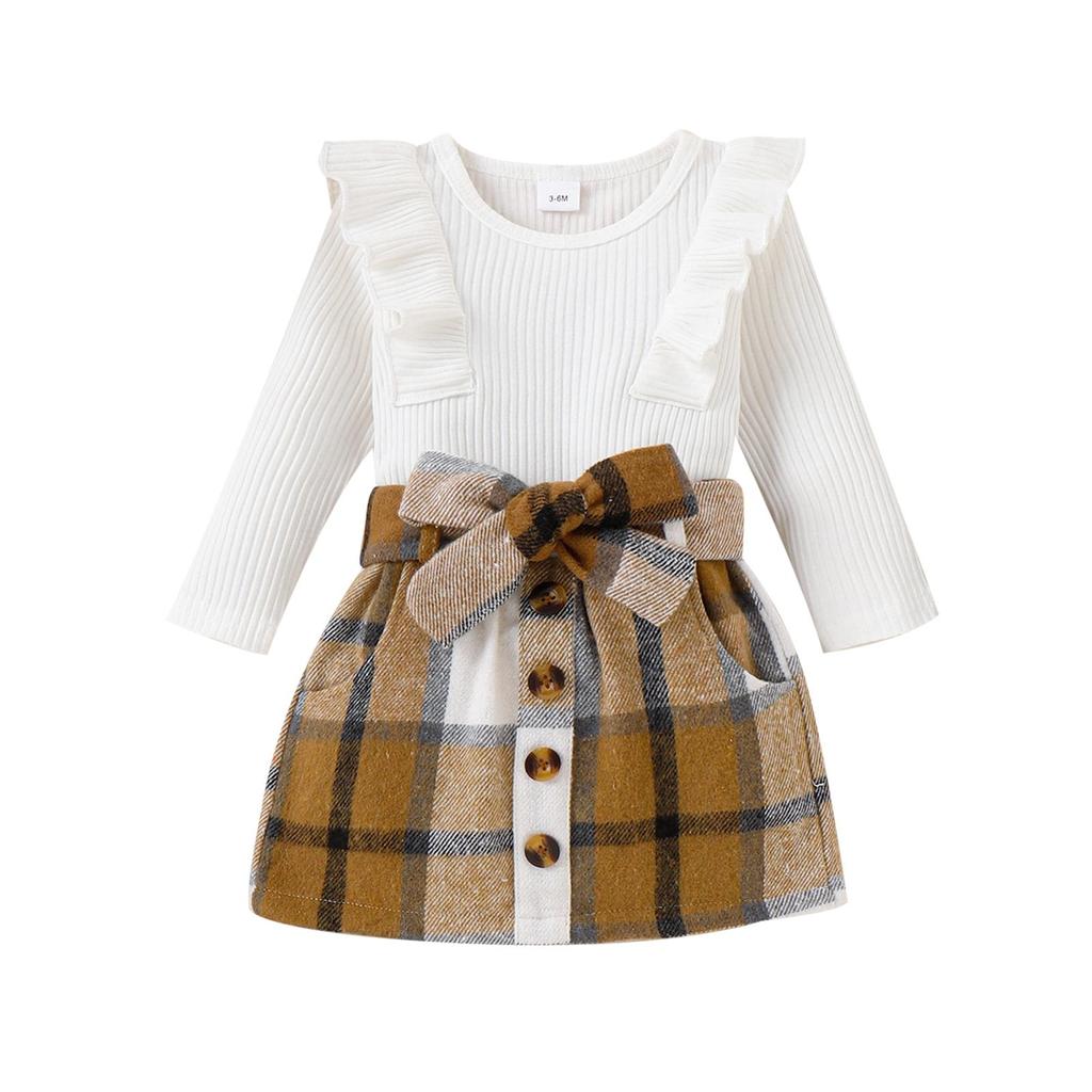 Baby Mädchen Herbst Outfit Sets 3M 6M 9M 12M 18M Einfarbig Langarm Rüschen strampler + Plaid Rock mit Gürtel