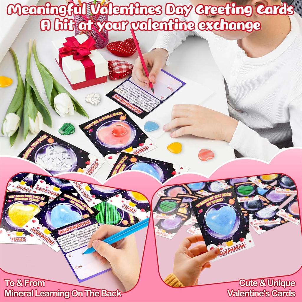 Valentines Day Gifts For Kids Classroom: 28 Pack Valentines Cards Goodie Bags With Heart Stones Valentine Exchange Gifts Gemstone Crystal Rocks