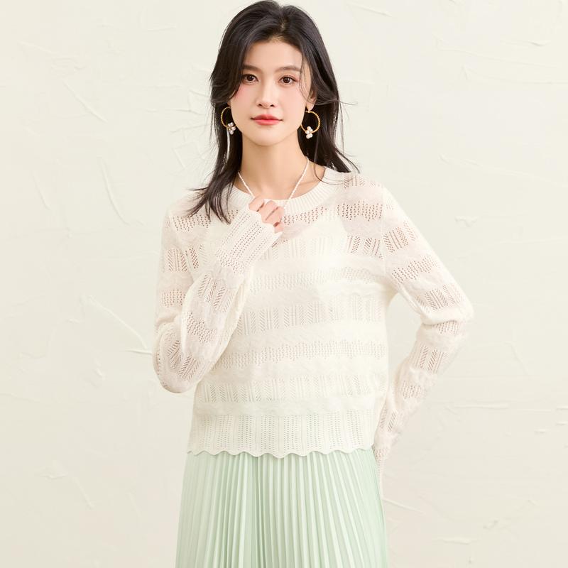 2025 Spring New Style Round Neck Micro Trumpet Sleeve Hollow Knitted Shirt for Women