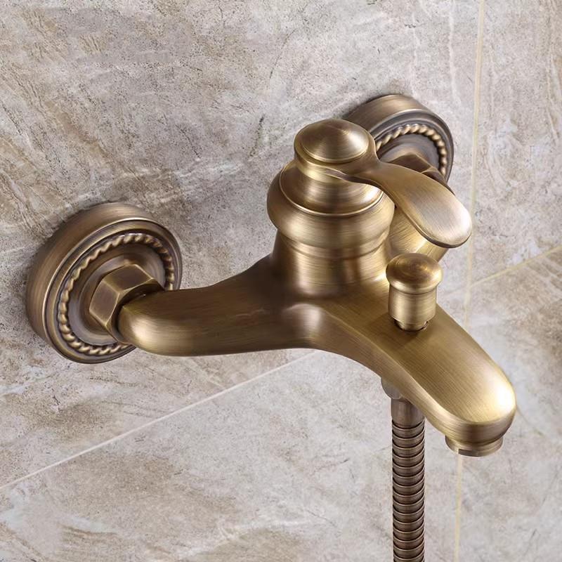 Badezimmer Duscharmatur Set Messing Wandmontiert Antik Einhebel Warm und Kalt Klassisch Badewannen und Duscharmatur Set
