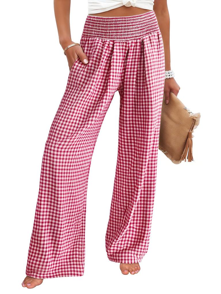 Women's High Waist Elastic Waistband Wide Leg Pants Multi Color and Pattern Plaid and Solid Options