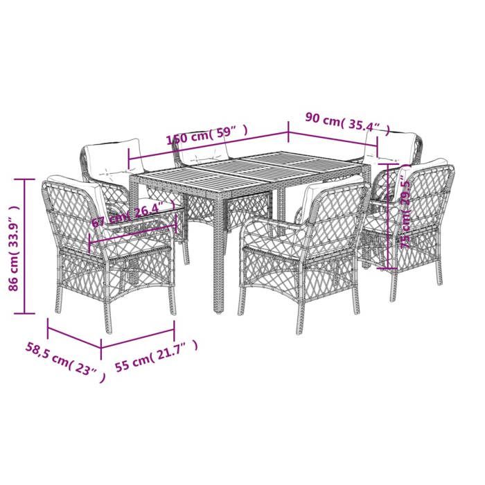 VidaXL Garden Dining Set with Cushions 7 Pcs, Patio Table and Chairs, Outdoor Furniture Terrace, Modern, 3212039