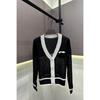 Trendy European Knit V-Neck Cardigan with Embroidered Patch and Contrasting Edges