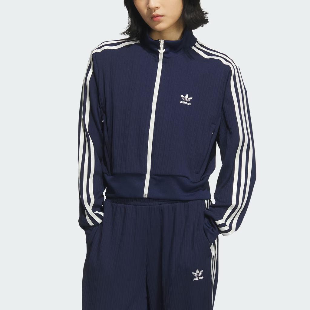 Adidas Originals Track Top Vintage Stand Collar Casual Sports Zip Striped Long Sleeve Jacket Women Jackets Deep-Indigo KB8950