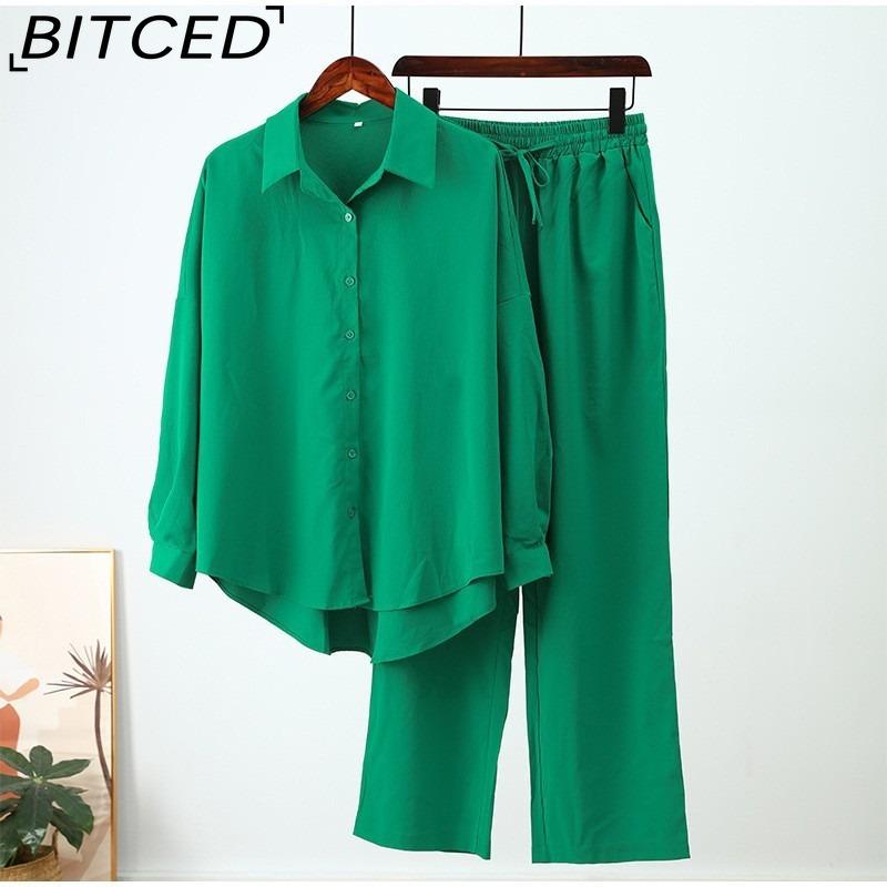 BITCED Fashionable Autumn/Winter Loose-Fit Stretch Creased Long-Sleeved Shirt and Wide-Leg Trousers Casual Set for Women, 2-Piece