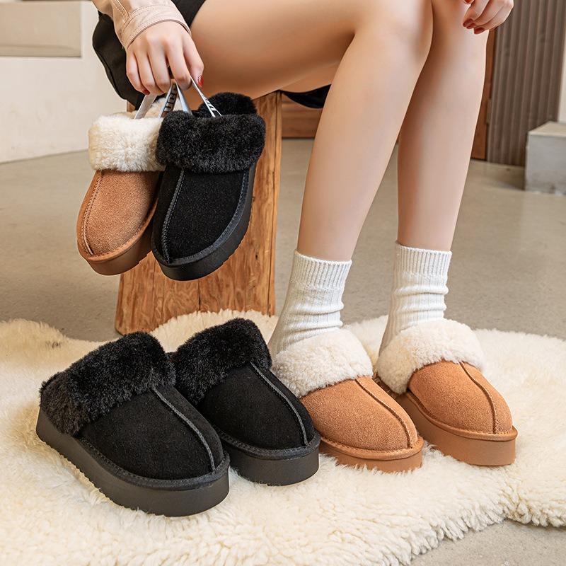 Dicksohlige flauschige Hausschuhe Herbst und Winter neu warm Rindsleder gefüttert verdickt faul ein Pedal echtes Leder Schneestiefel Damen
